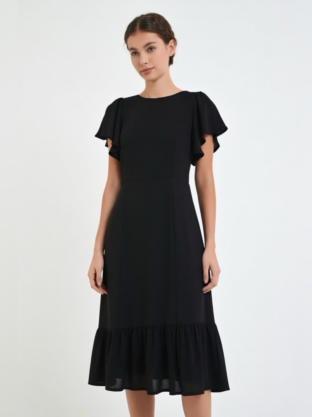 Anne Klein Black Midi Dress with V-Neck and Peplum